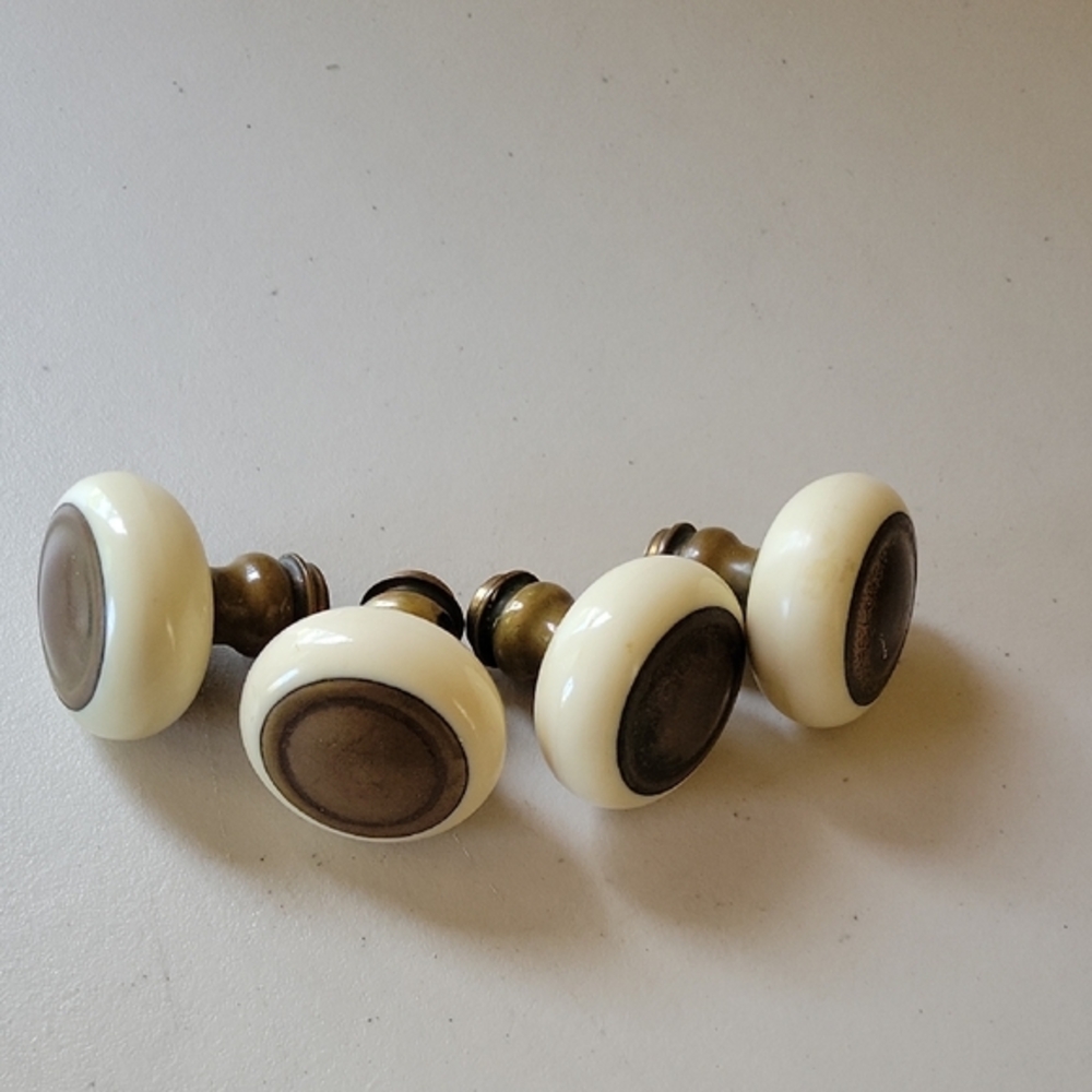 Vintage Porcelain and Brass Button Door Knobs -4
